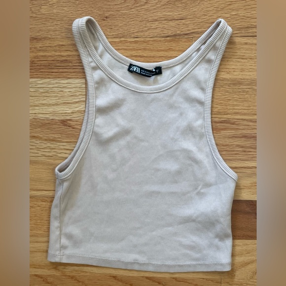 Zara Women’s S Small Cream Ribbed Tank Top Sleeveless Stretch Cropped Crop Crew - Picture 1 of 6